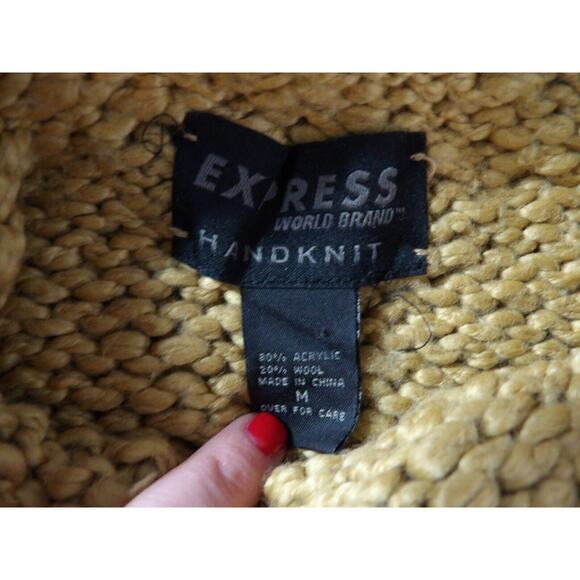 Express World Brand Handknit Wool Sweater Medium Tank Mock Neck Sleeveless Tan - Picture 6 of 11